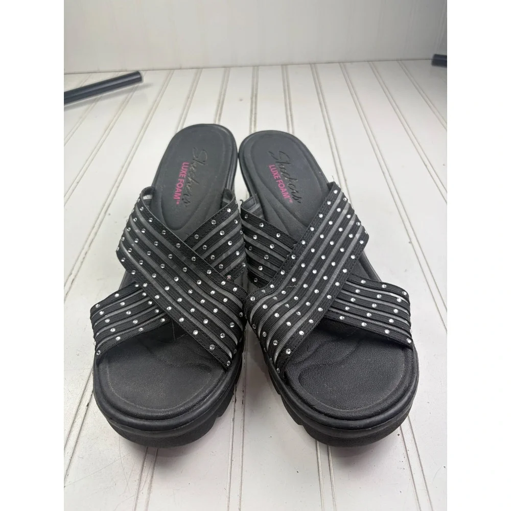 Skechers Black Rhinestone Wedge Platform Sandals Slides Women's Size 9-9.5